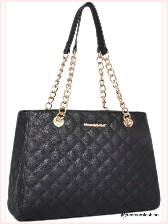 Handbags - Quilted Vegan Leather Chain Shoulder Tote Bag